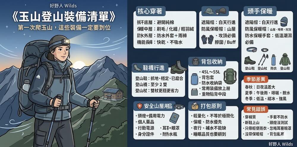玉山登山裝備清單，第一次爬玉山的保暖、裝備與打包重點整理